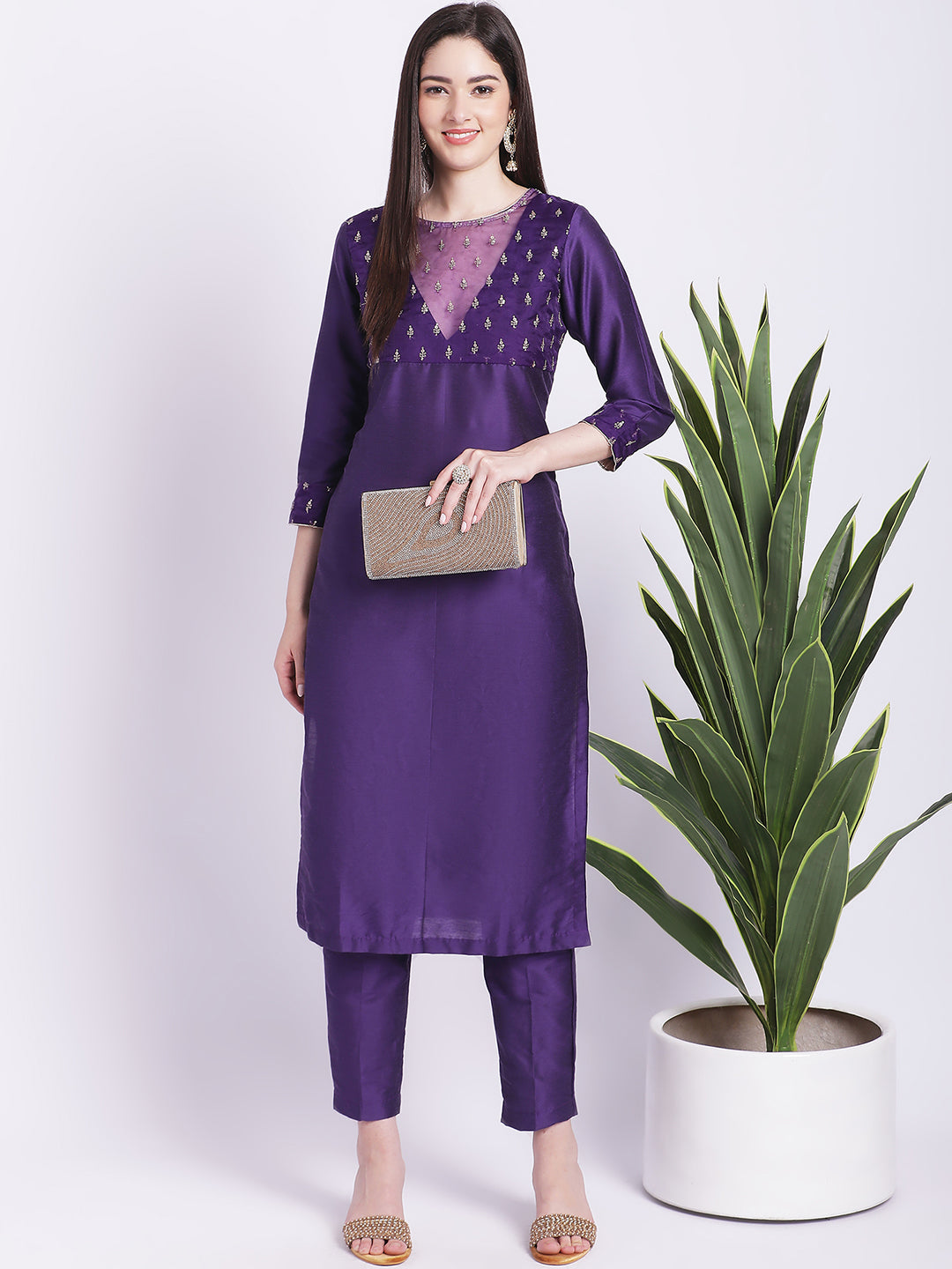 Women's Glowing Purple Straight Kurti With Straight Pants - Anokherang