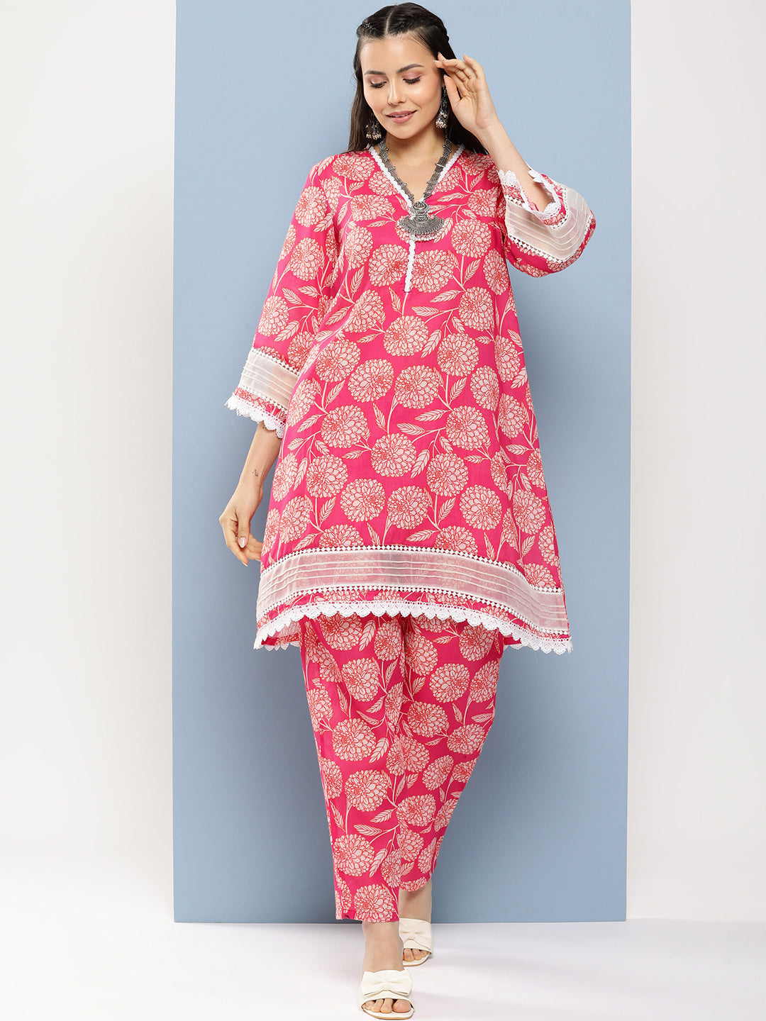 Women's Pink Floral Print A- Line Kurta With Lace Detailing & Pink Floral Print Trousers - Bhama Couture