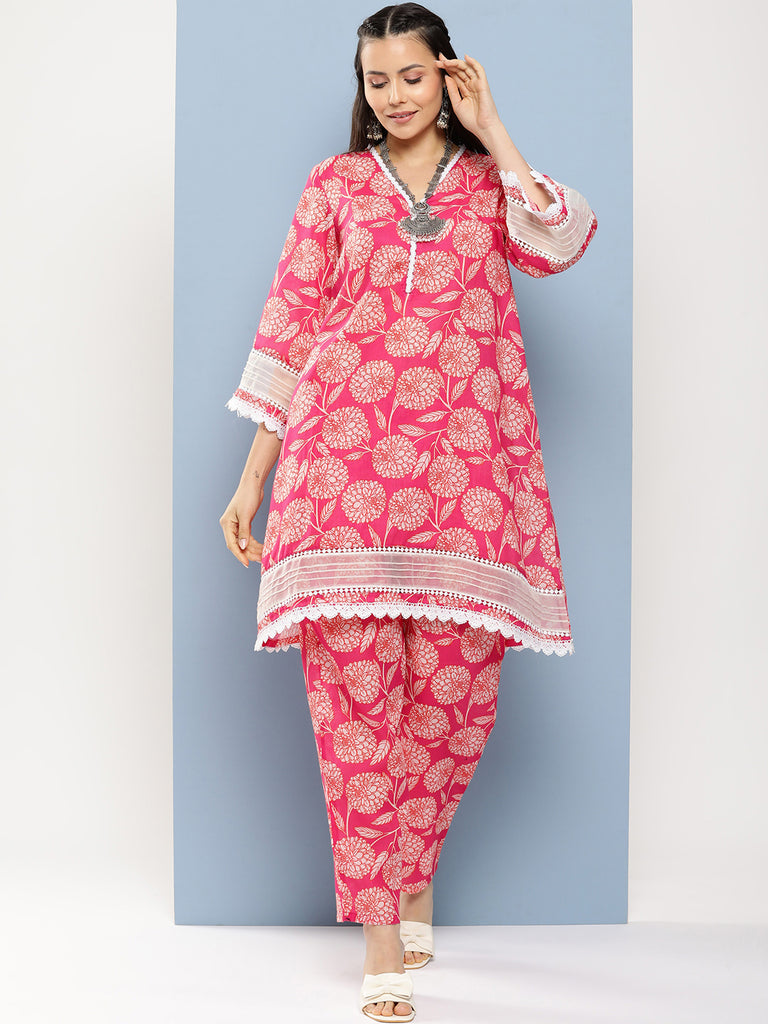 Women's Pink Floral Print A- Line Kurta With Lace Detailing & Pink Floral Print Trousers
