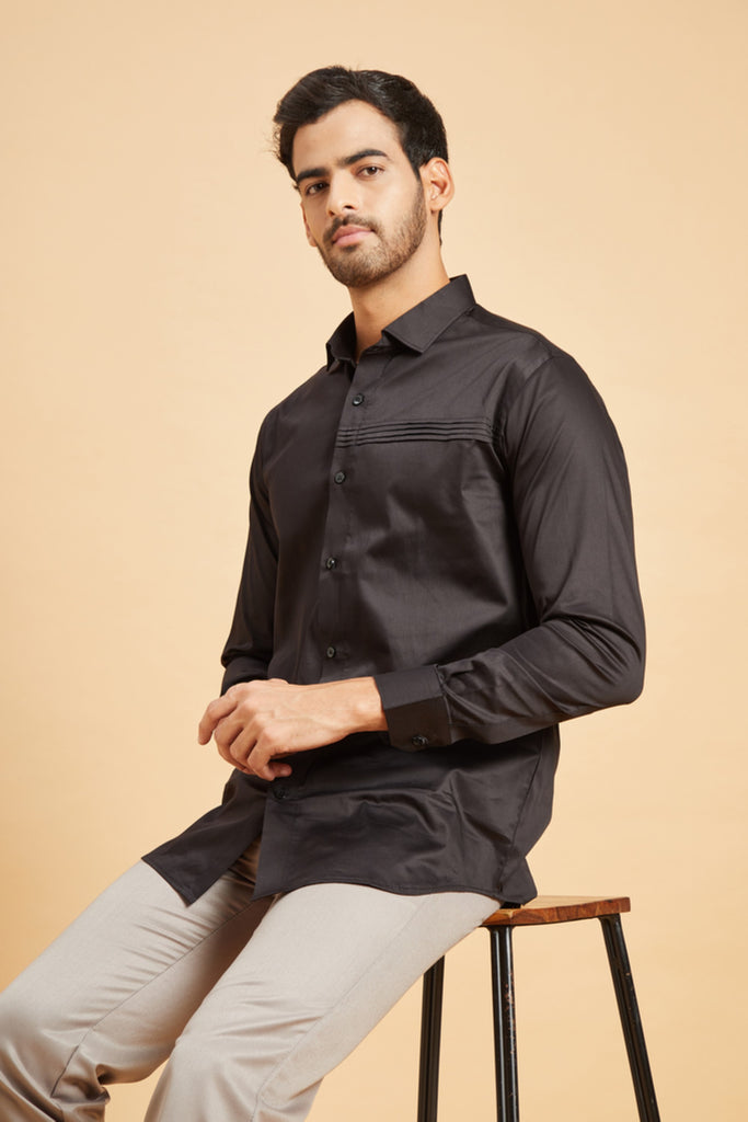 Men's Black Color Ragic Pintuck Shirt Full Sleeves Casual Shirt