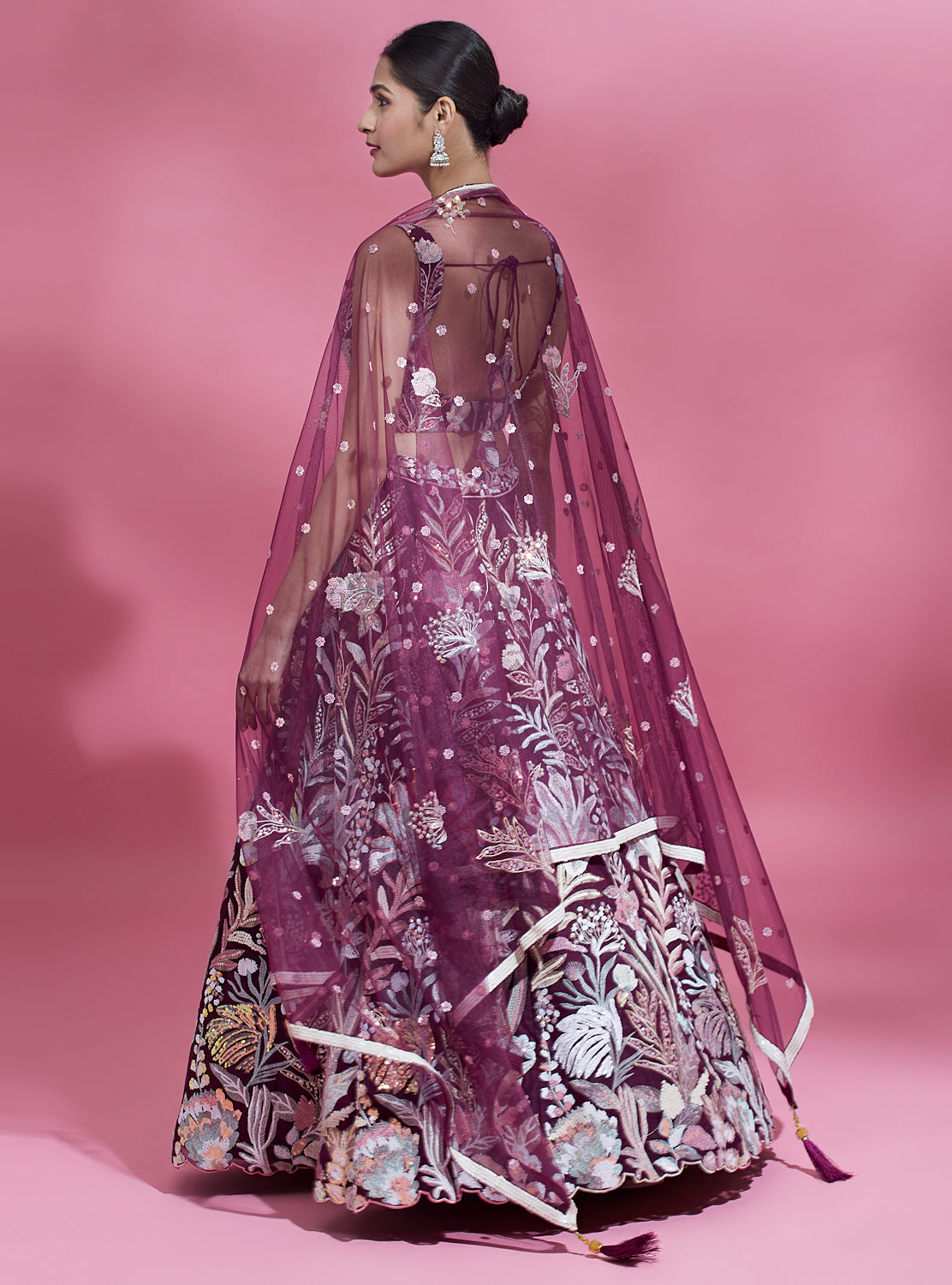 Women 's Burgundy Net Sequinse Work Ready to Wear Lehenga & stitched Blouse with Dupatta - Royal Dwells