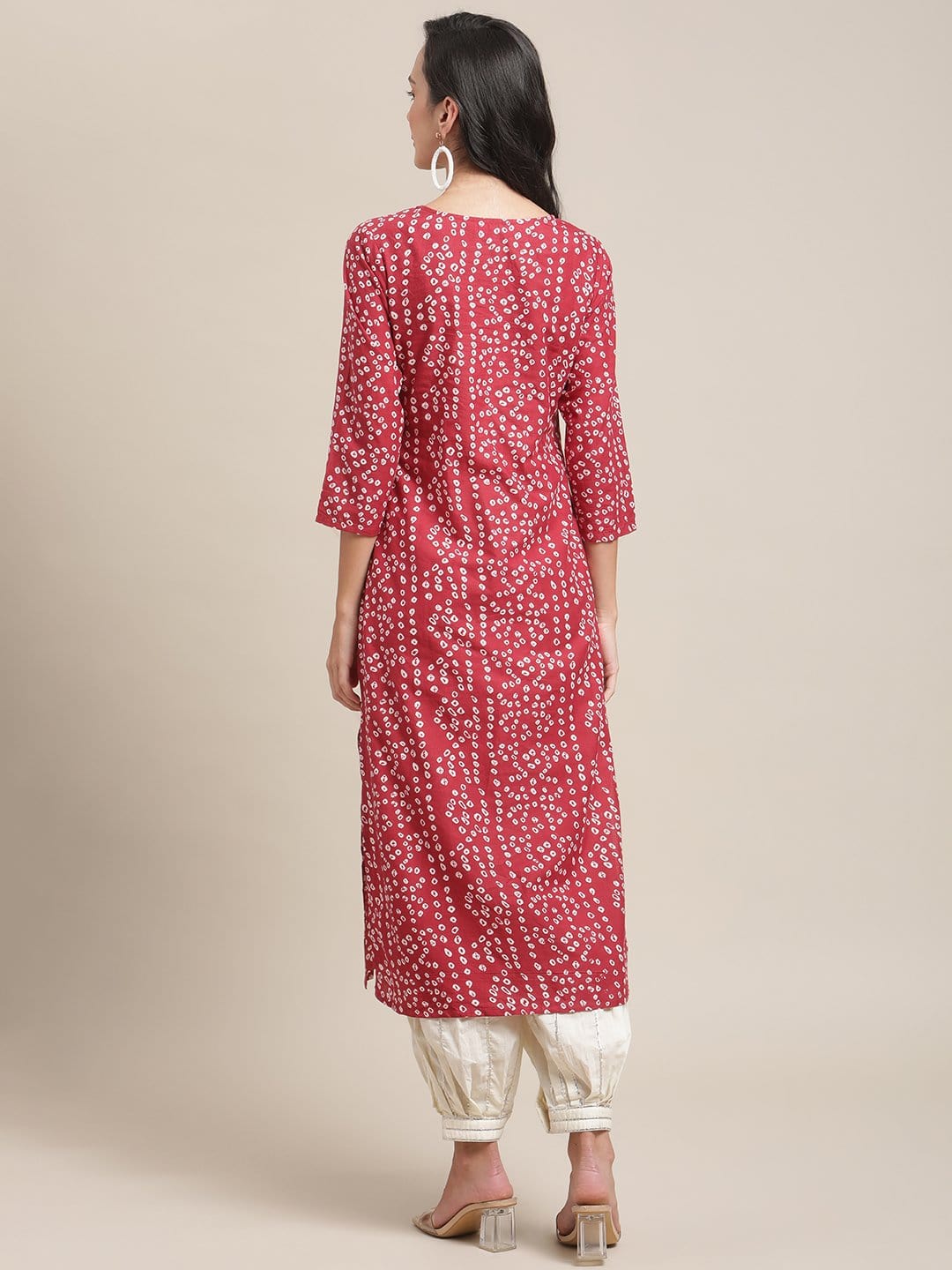 Women's Red And White Round Neckline Bandhani Printed  Straight Kurta With Embroidery And 3/4Th Sleeve - Varanga USA