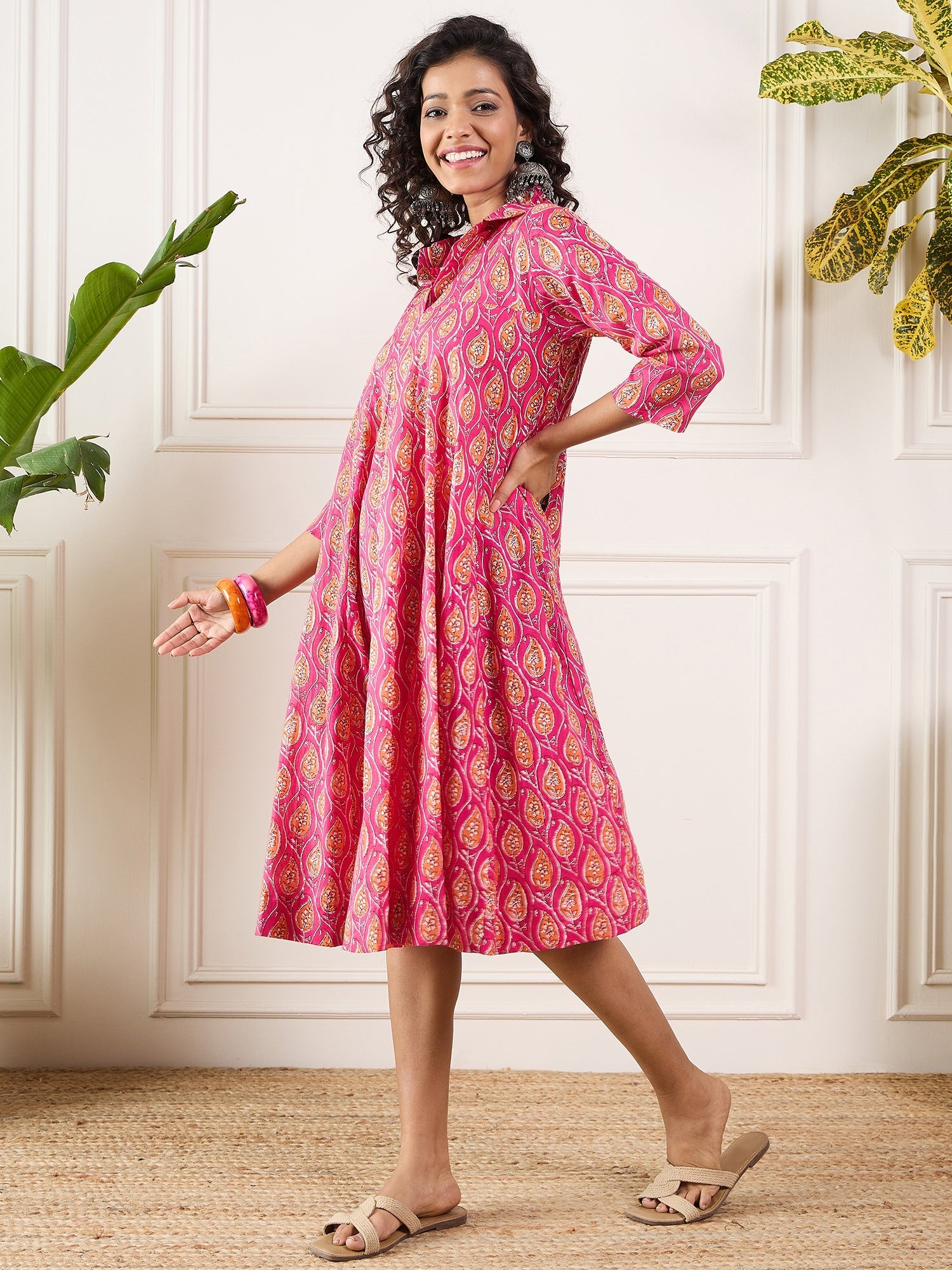 Women's Fuchsia Orange Ajrak Leaves Collar Flared Dress - InWeave