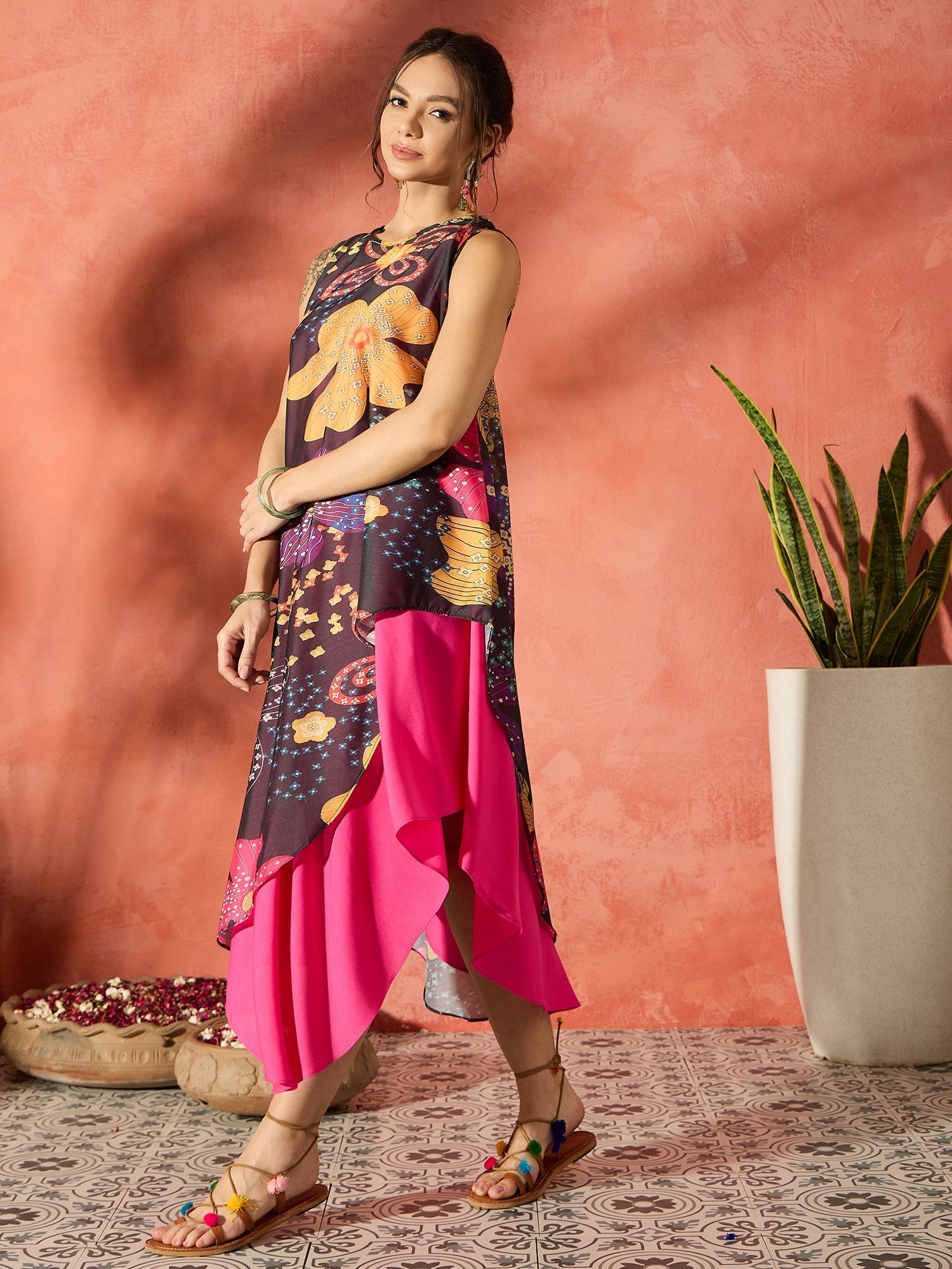 Women's Black Floral Fuchsia Asymmetrical Dress - InWeave