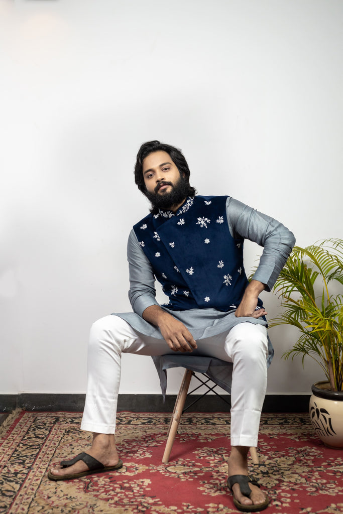 Men's Blue Color Jacket With Kurta Pant Set