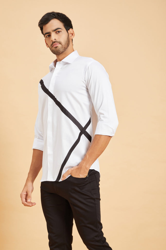 Men's White Color Scale Pattern Shirt Full Sleeves Casual Shirt