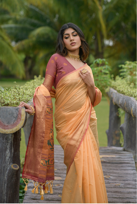 Women's Orange Jacquard Weaving Linen Saree with Tassels - Vishnu Weaves