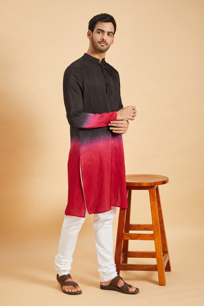 Men's Red Color Pattern Ombre Kurta Without Slit Silk