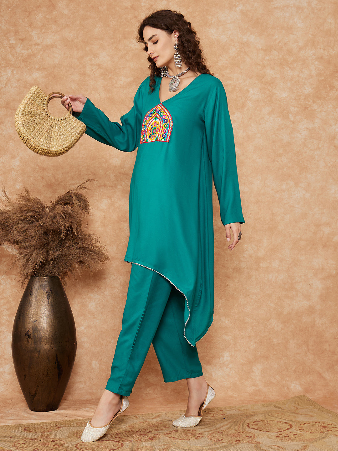 Women's Teal Trangle Yellow Patch Work Assymentrical Kurta Set - InWeave