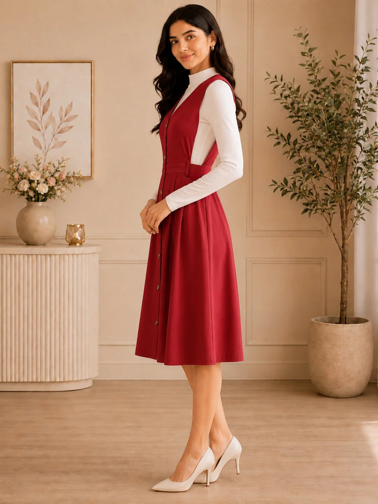 Women's Solid Maroon Button-Down Pinafore Dress