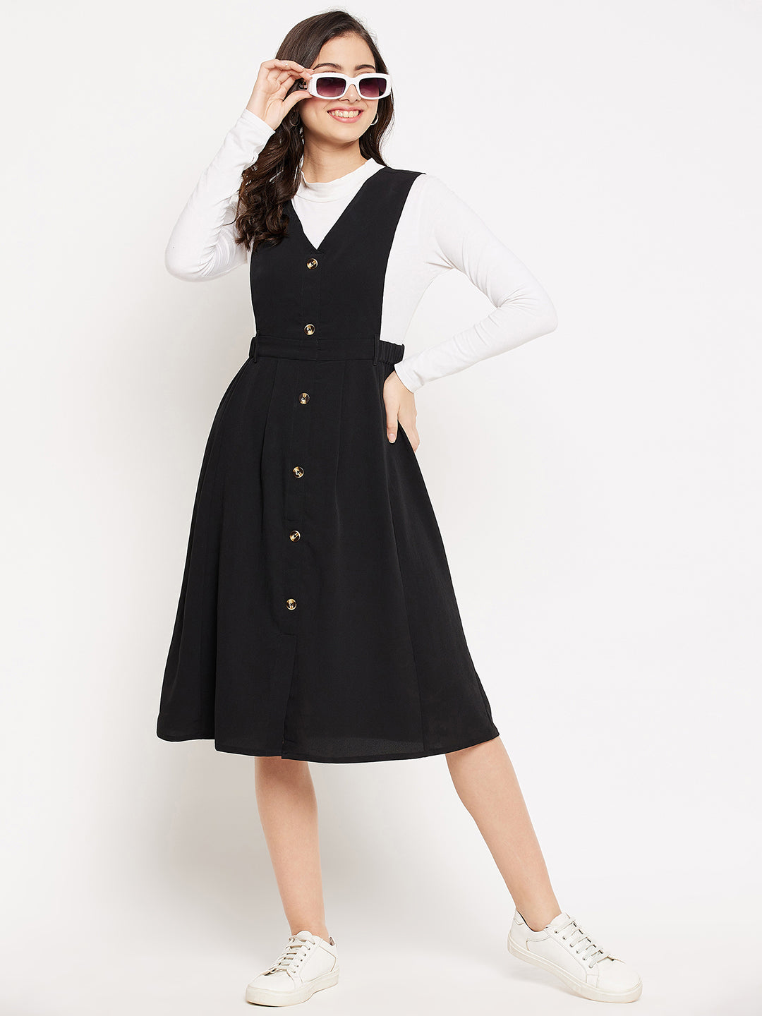 Women's Black Soild Pinafore Dress With Button, Black / XS | Trendia Global Women's Black Soild Pinafore Dress With Button, Black / XS | Trendia Global