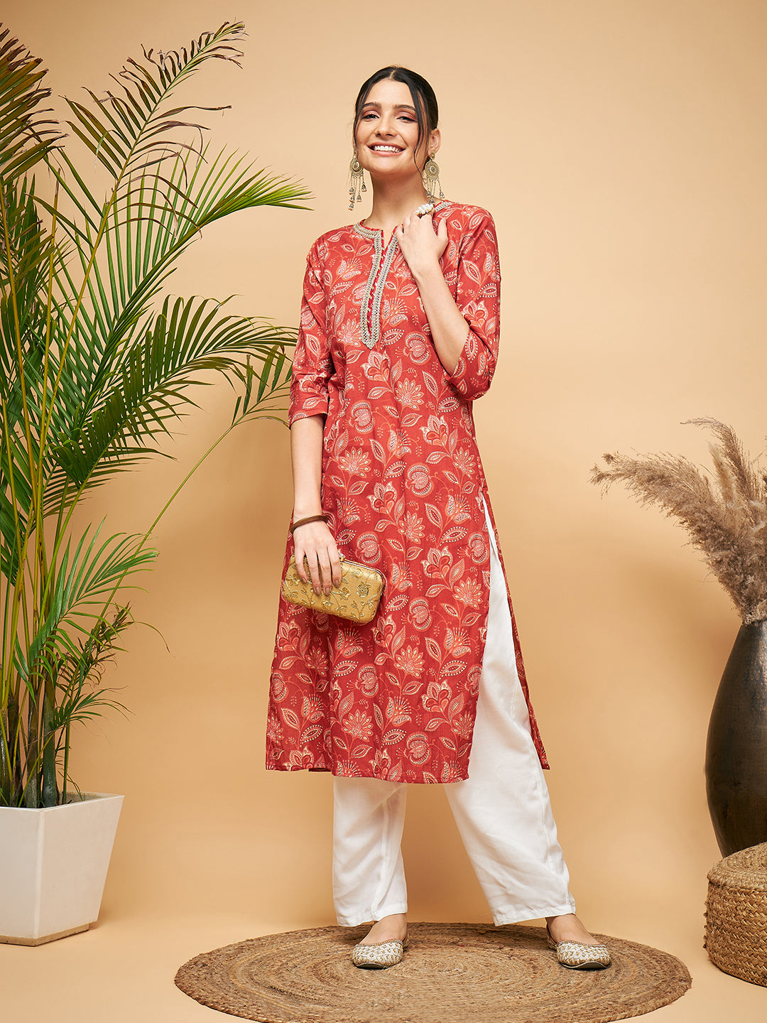 Women's RUST PAISLEY PRINT GOTA STRAIGHT KURTA - InWeave