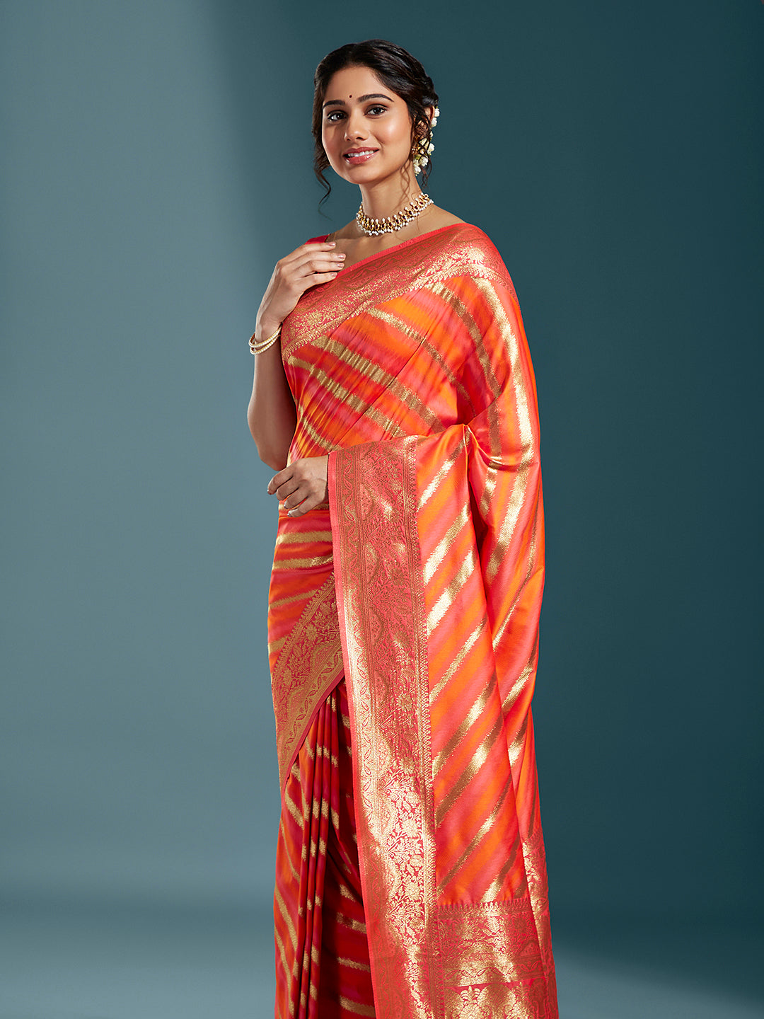 Women's Orange & Gold Satin Paisley Zari With Beautiful Leheriya Banarasi Saree - Royal Dwells