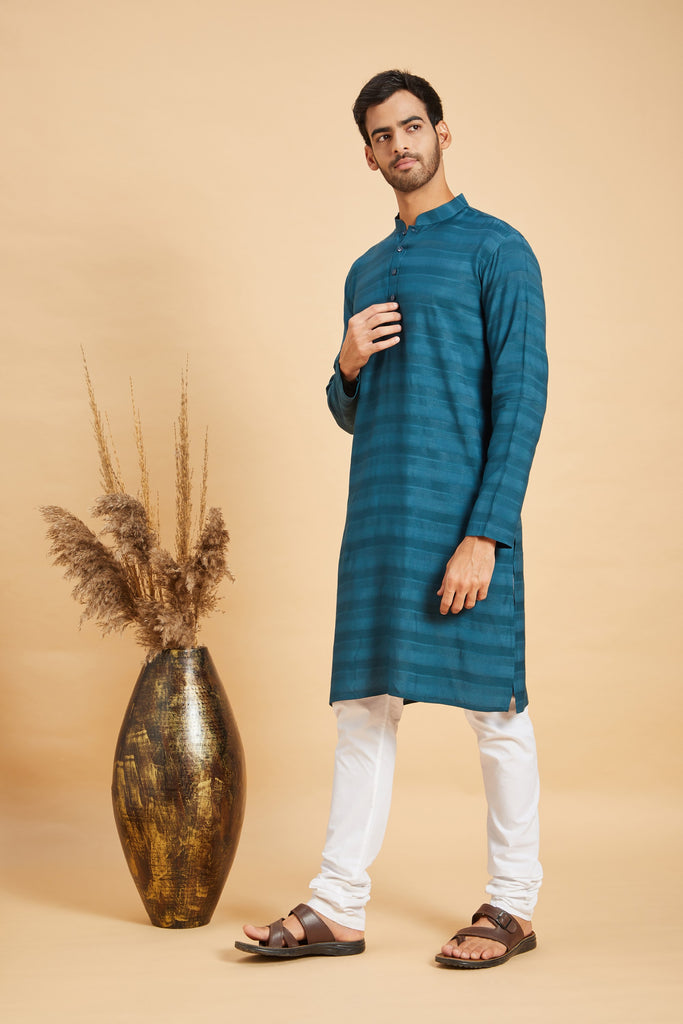 Men's Blue Color Roise Basik Kurta Jacquard