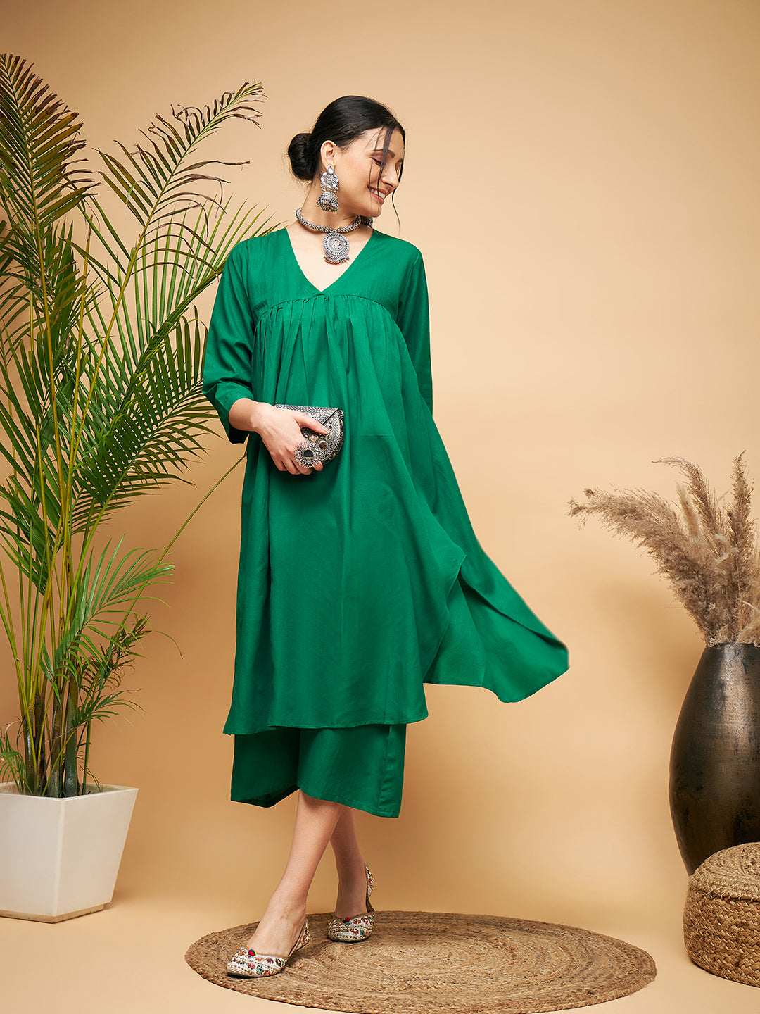 Women's Forest Green Flared Kurta Palazzo Set - InWeave