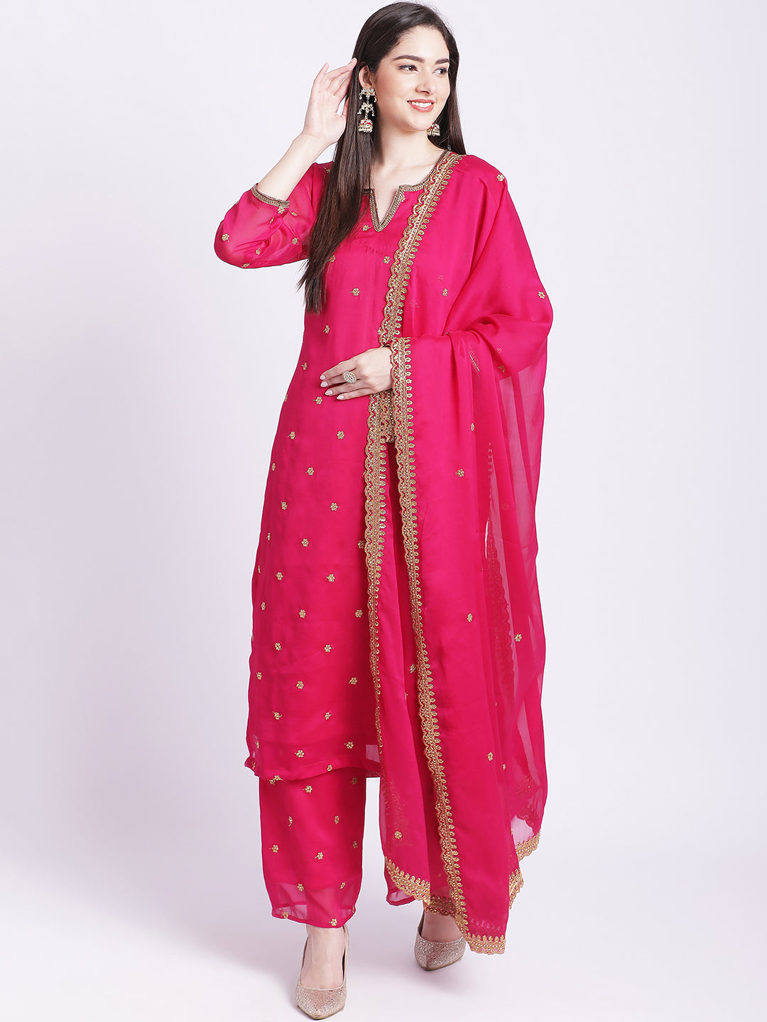 Women's Glam Pink Embroidered Kurti With Straight Palazzo And Embroidered Dupatta - Anokherang