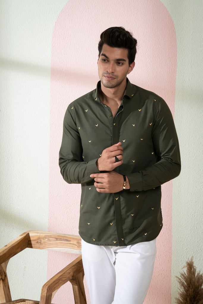 Men's Olive Green Color Avian Full Sleeves Shirt