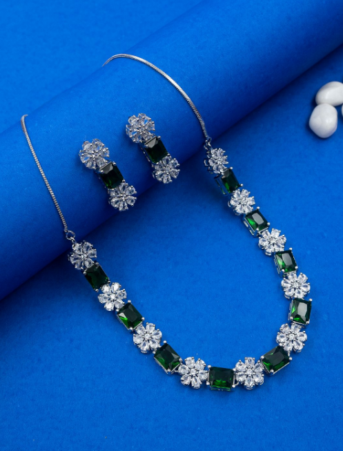 Women's Minimalist American Diamond Necklace Set with Push-Back Earrings