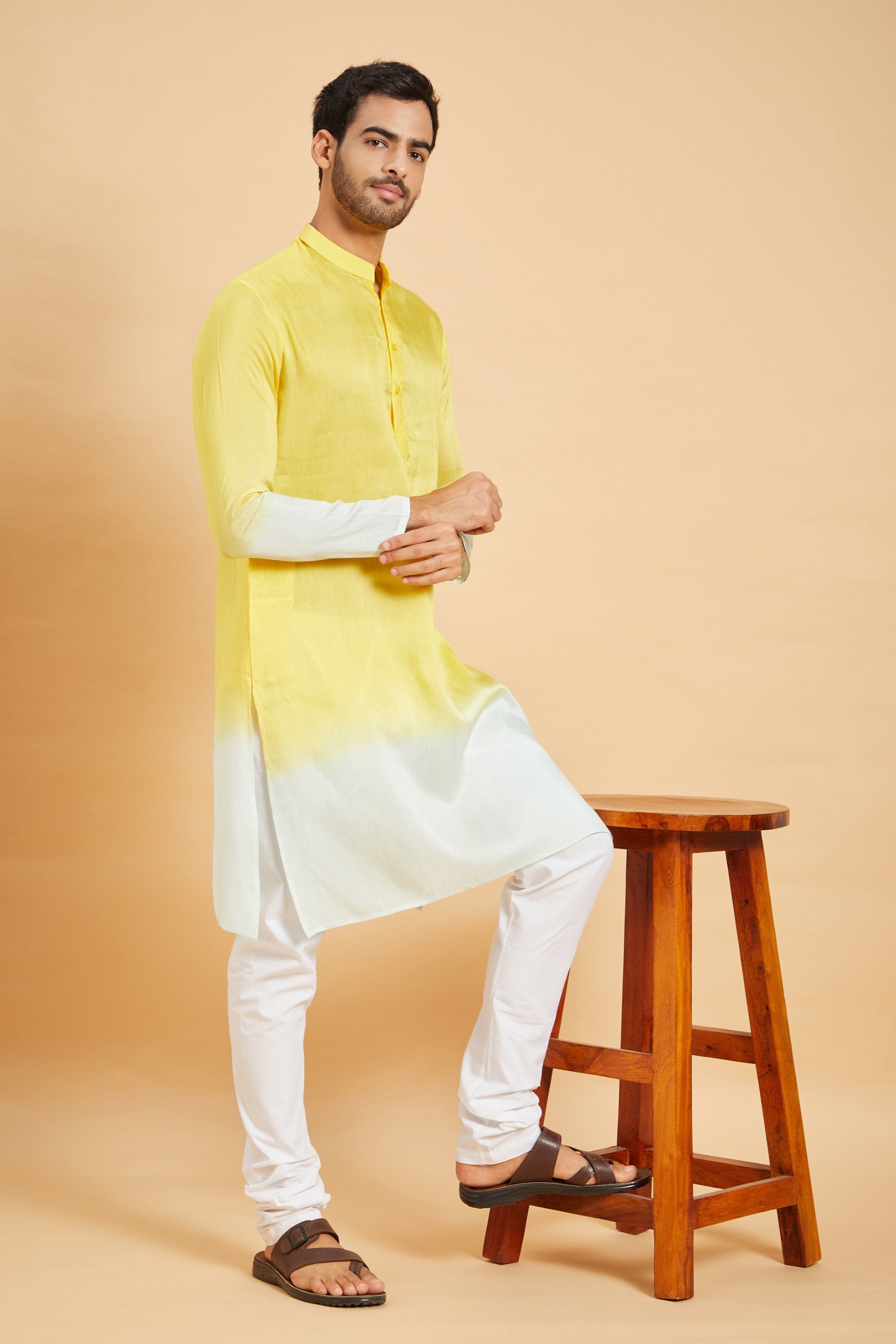 Men's Yellow Color Lahza Yellow Ombre Kurta Silk