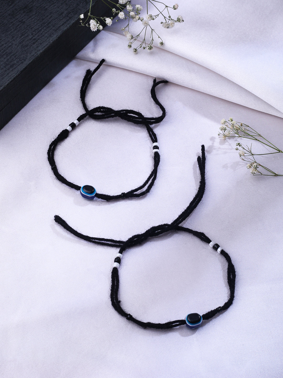 Women's Set Of 2 Evil Eye Adjustable Black Anklets