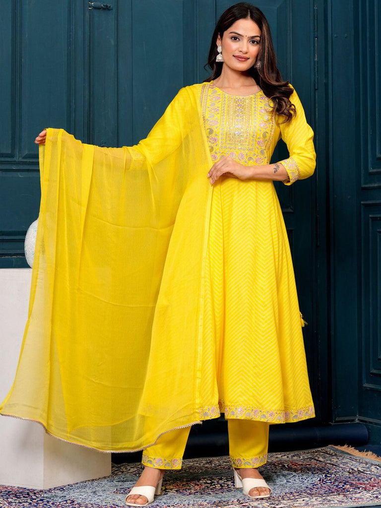 Women's Floral Yoke Design Sequined Anarkali Kurta & Palazzos With Dupatta