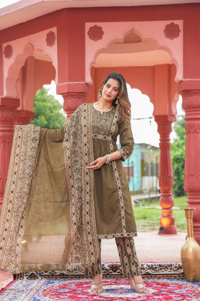 Women's Mehandi Ready To Wear Cotton Cambric A-Line Kurti-Pant-Dupatta Set