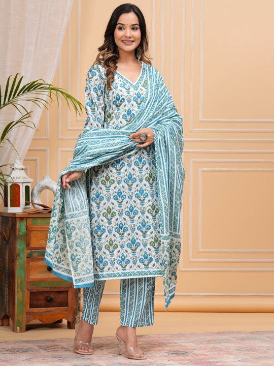 Women's Floral Printed Regular Cotton Straight Kurta with Trousers & With Dupatta