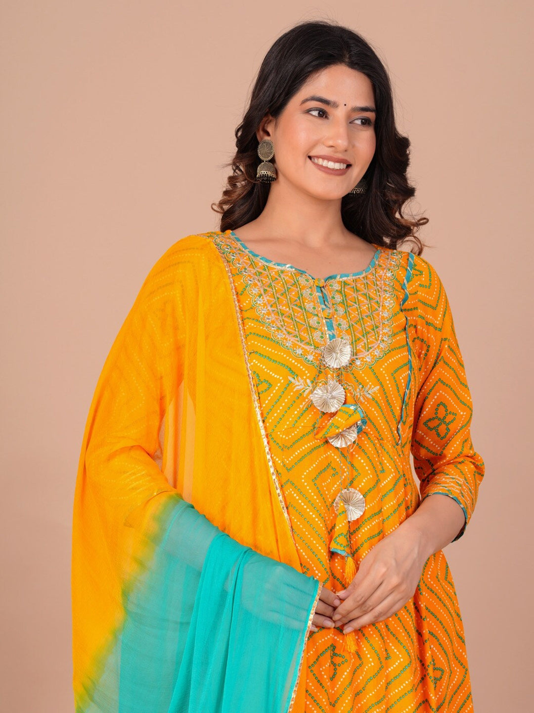 Women's Bandhani Printed Regular Kurta With Palazzos & Dupatta - Taantav