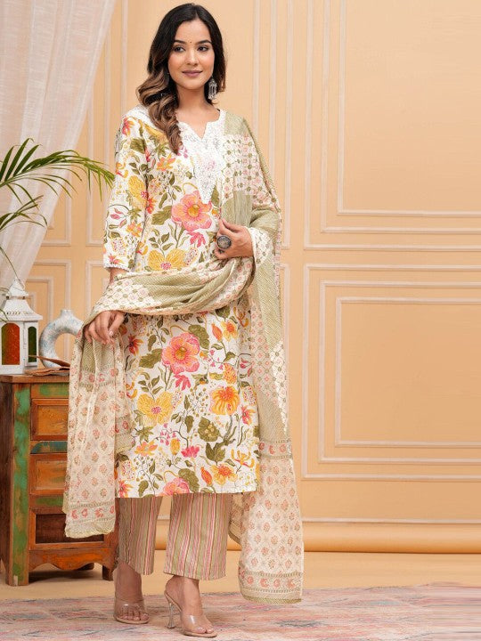 Women's Floral Printed Regular Pure Cotton Straight Kurta with Palazzos & With Dupatta