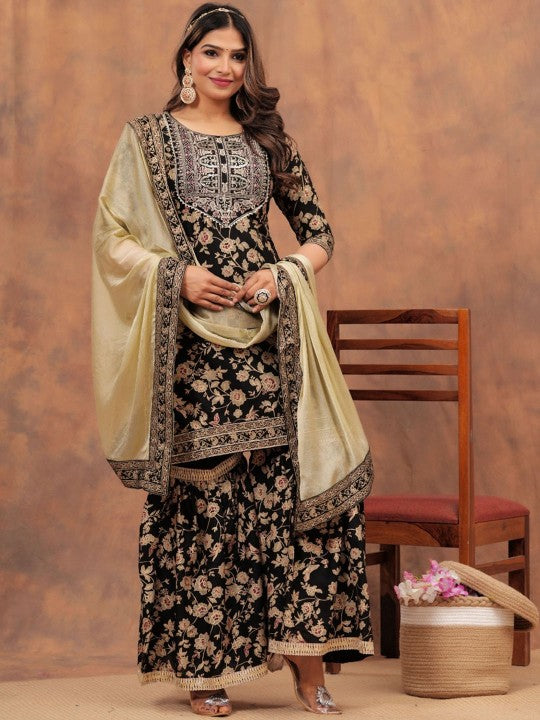 Women's Floral Printed Gotta Patti Straight Kurta with Sharara & Dupatta - Taantav