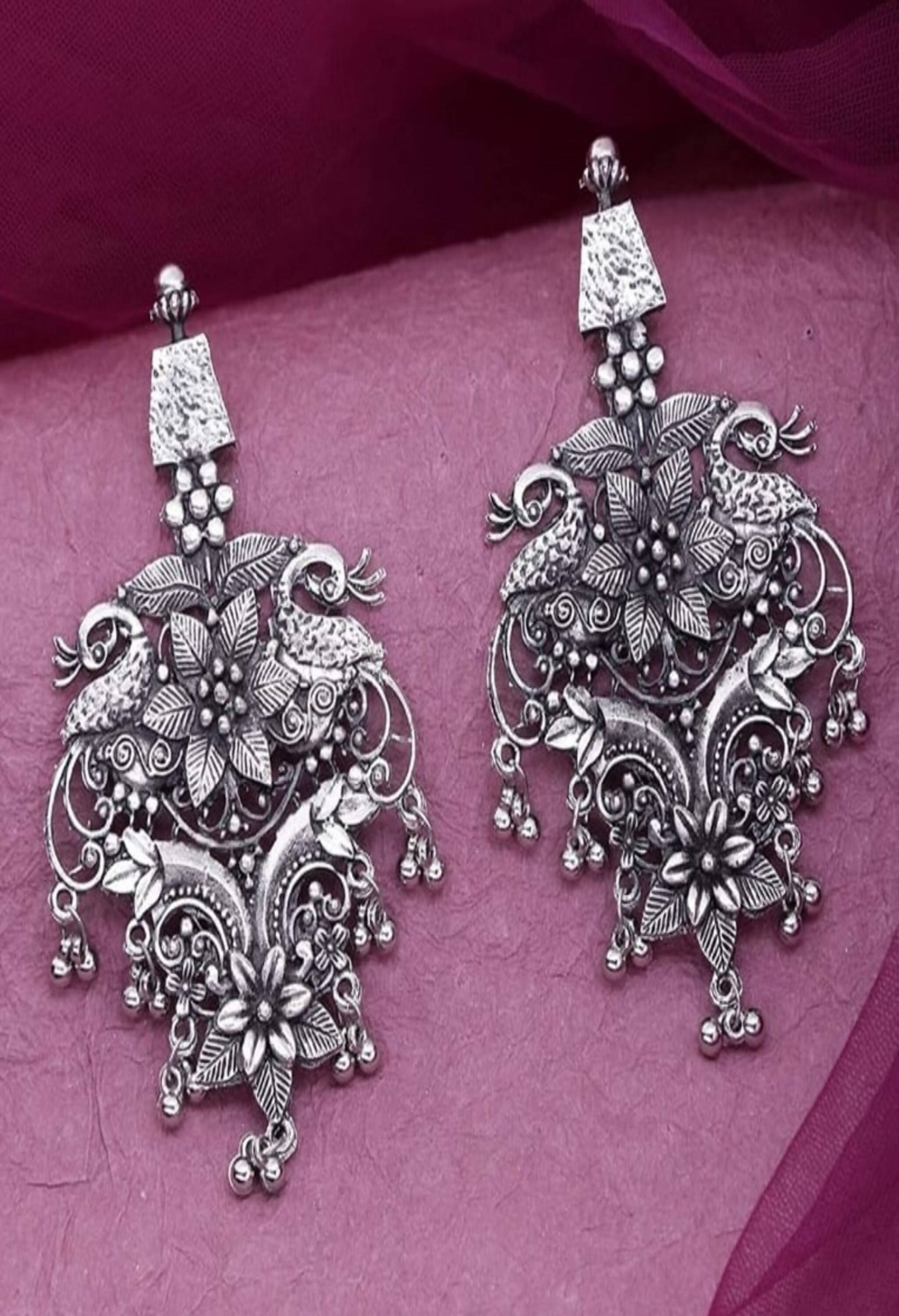 Johar Kamal Oxidised Peacock Design Earrings Jh