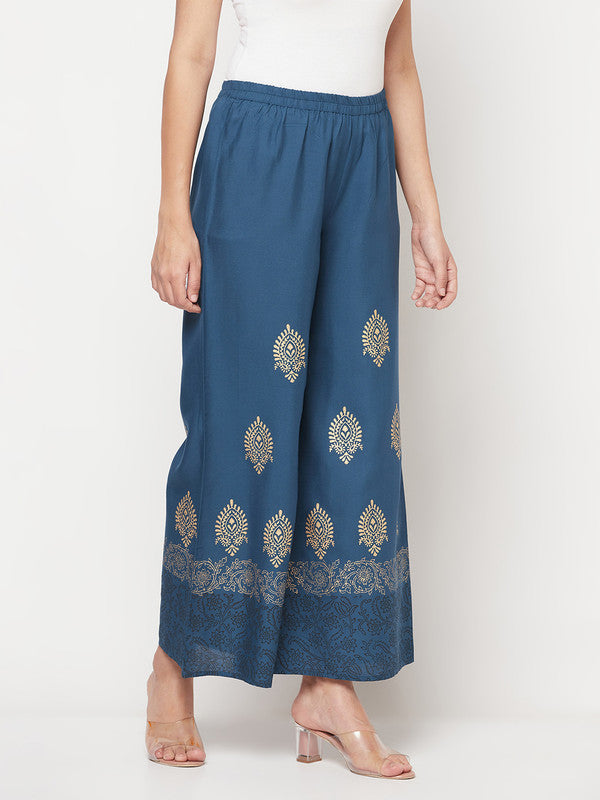 Women's Rayon Block Print Flared slip-on Palazzo,Bl