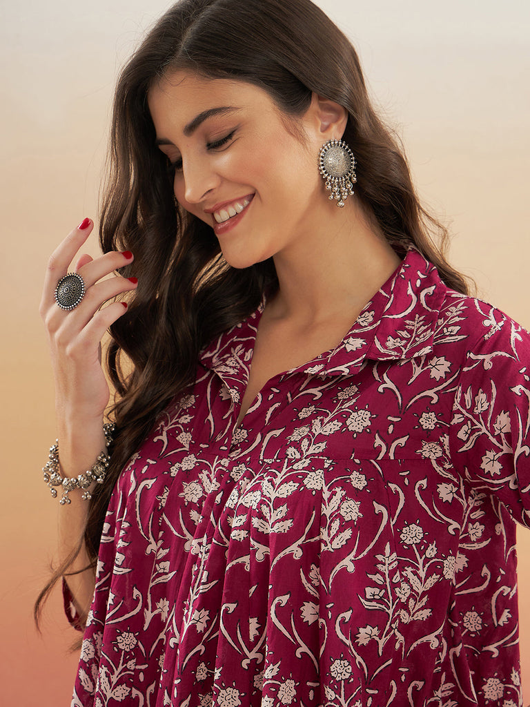 Women's Wine Cream Floral Print Flared Dress