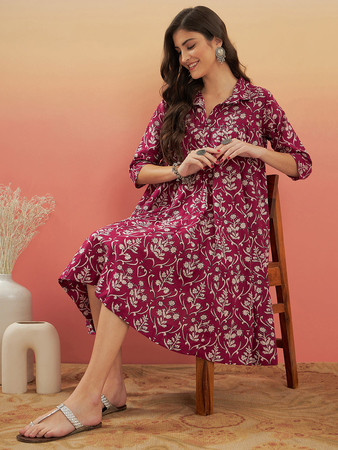 Women's Wine Cream Floral Print Flared Dress