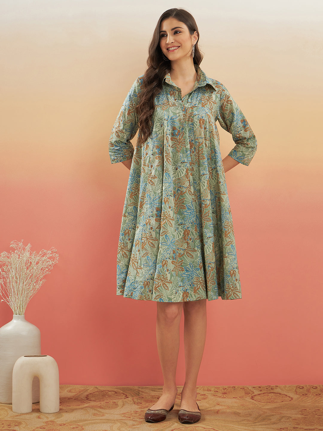 Women's Dull Green Leaf Floral Print Flared Dress - InWeave