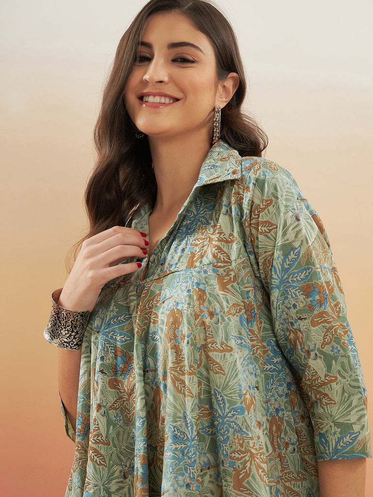 Women's Dull Green Leaf Floral Print Flared Dress