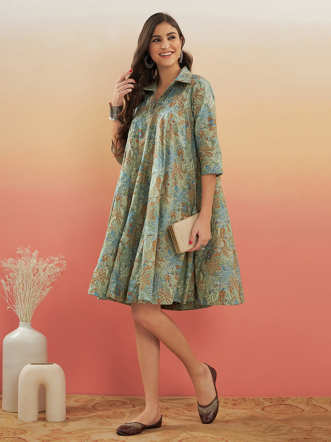 Women's Dull Green Leaf Floral Print Flared Dress - InWeave