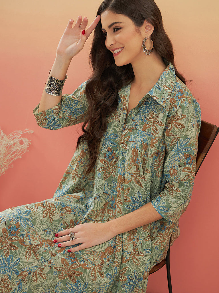 Women's Dull Green Leaf Floral Print Flared Dress