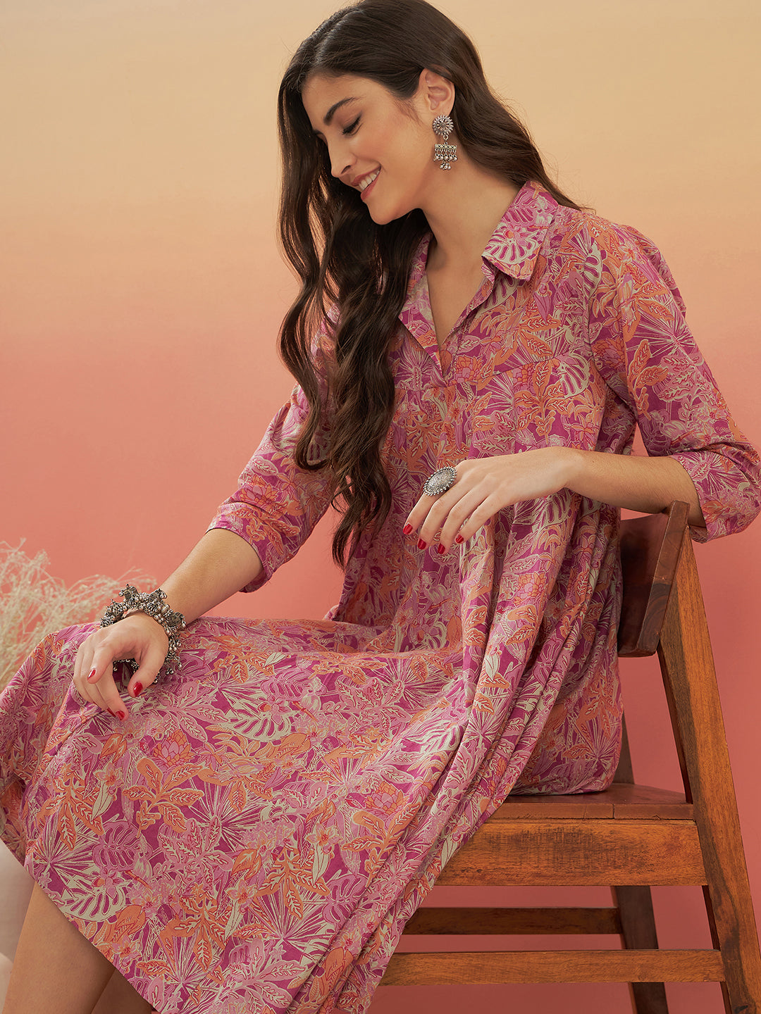 Women's Pink Coral Floral Print Flared Dress