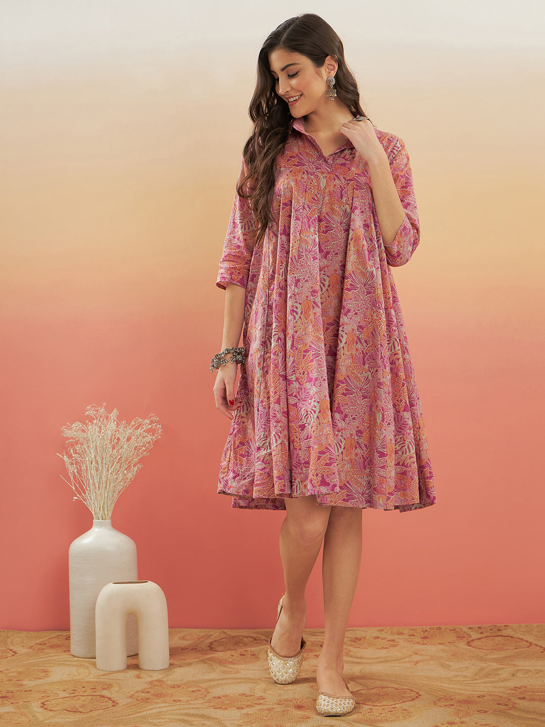 Women's Pink Coral Floral Print Flared Dress - InWeave