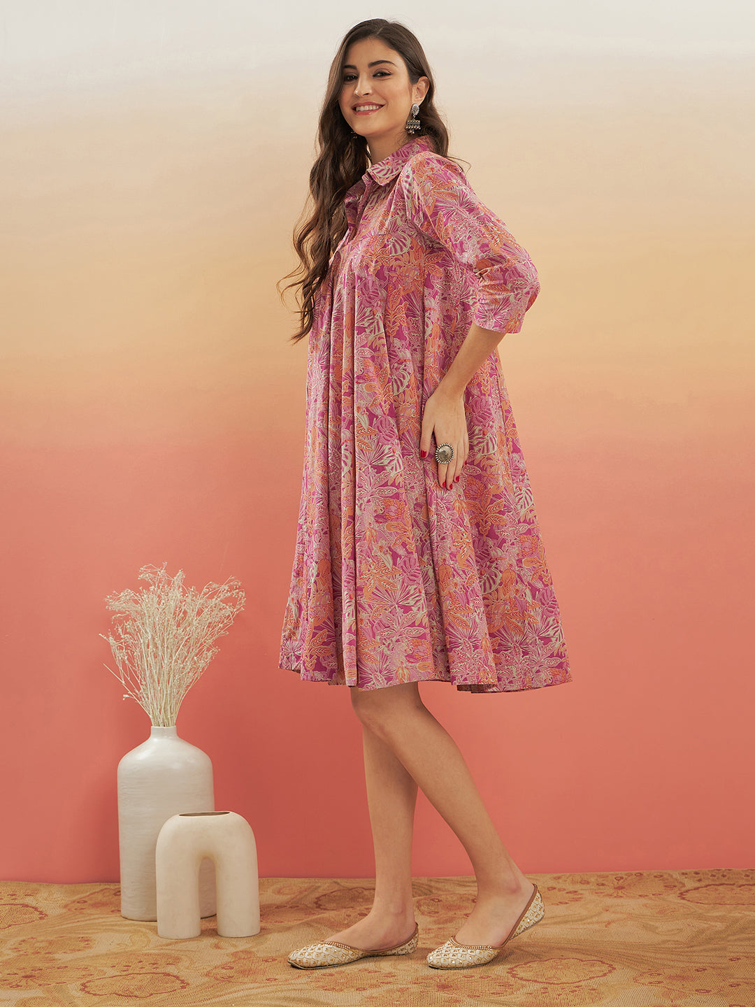 Women's Pink Coral Floral Print Flared Dress