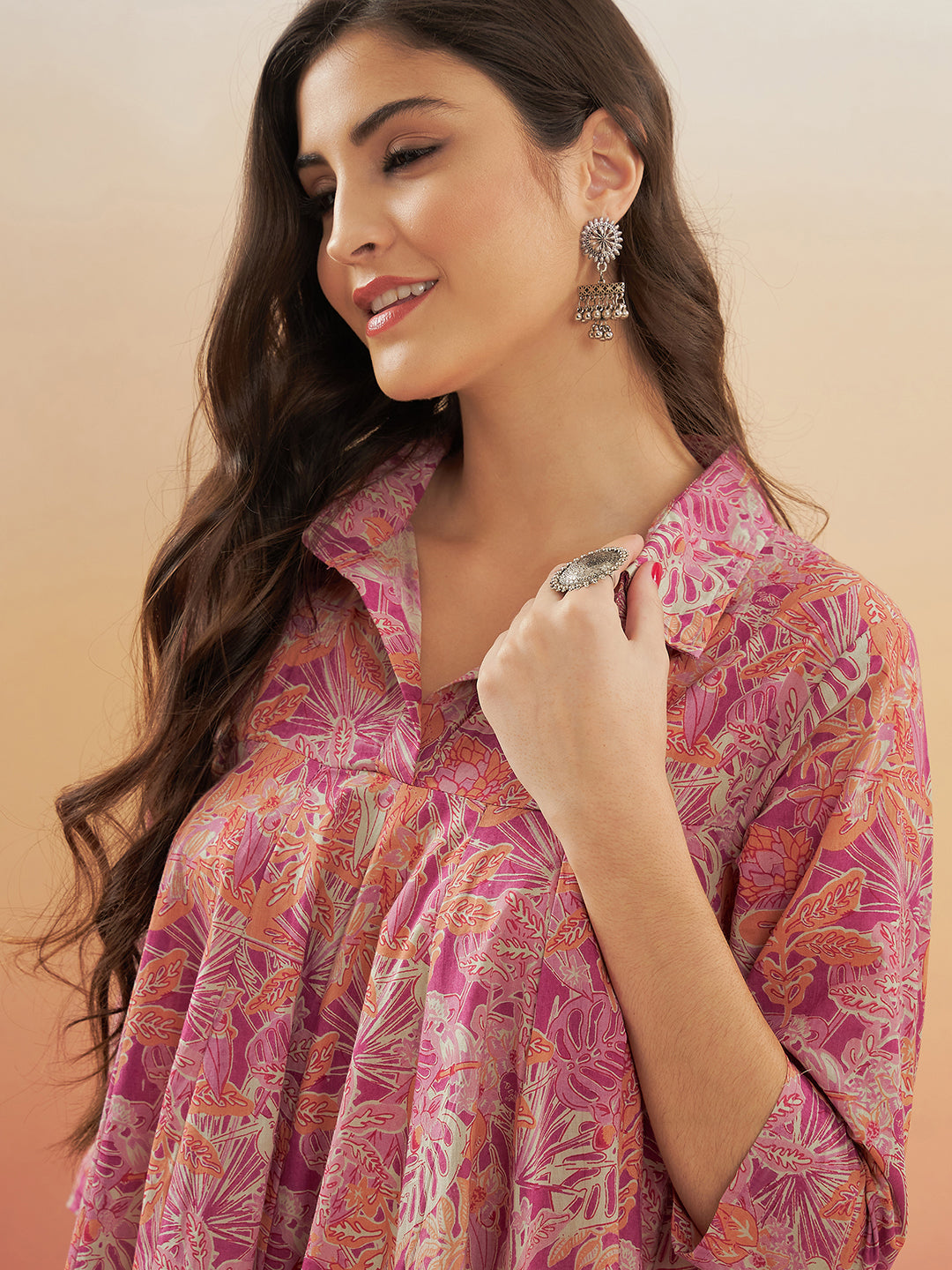 Women's Pink Coral Floral Print Flared Dress