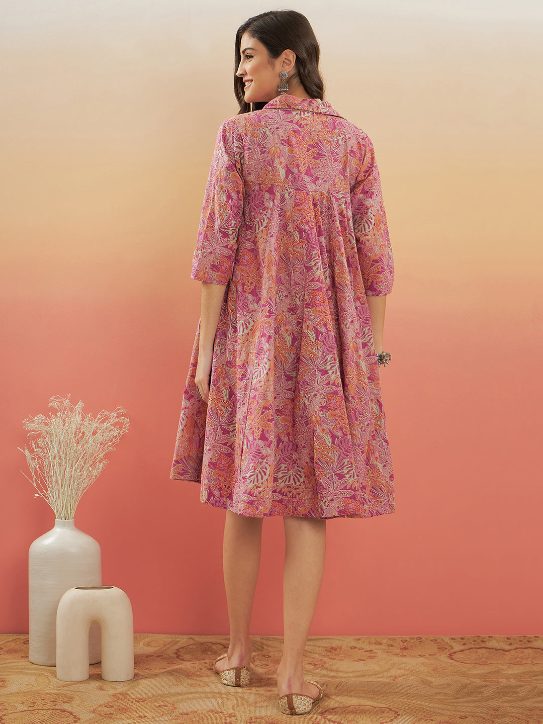 Women's Pink Coral Floral Print Flared Dress