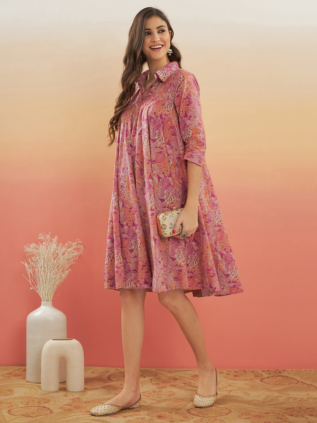 Women's Pink Coral Floral Print Flared Dress - InWeave