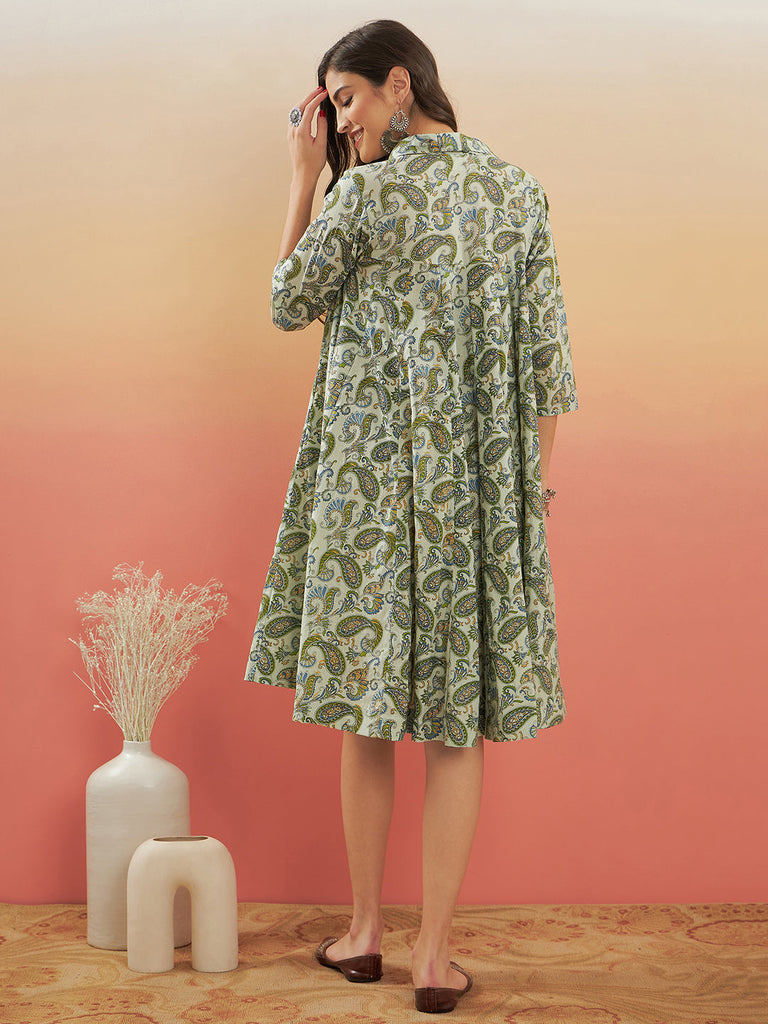 Women's Sage Green Paisley Print Flared Dress