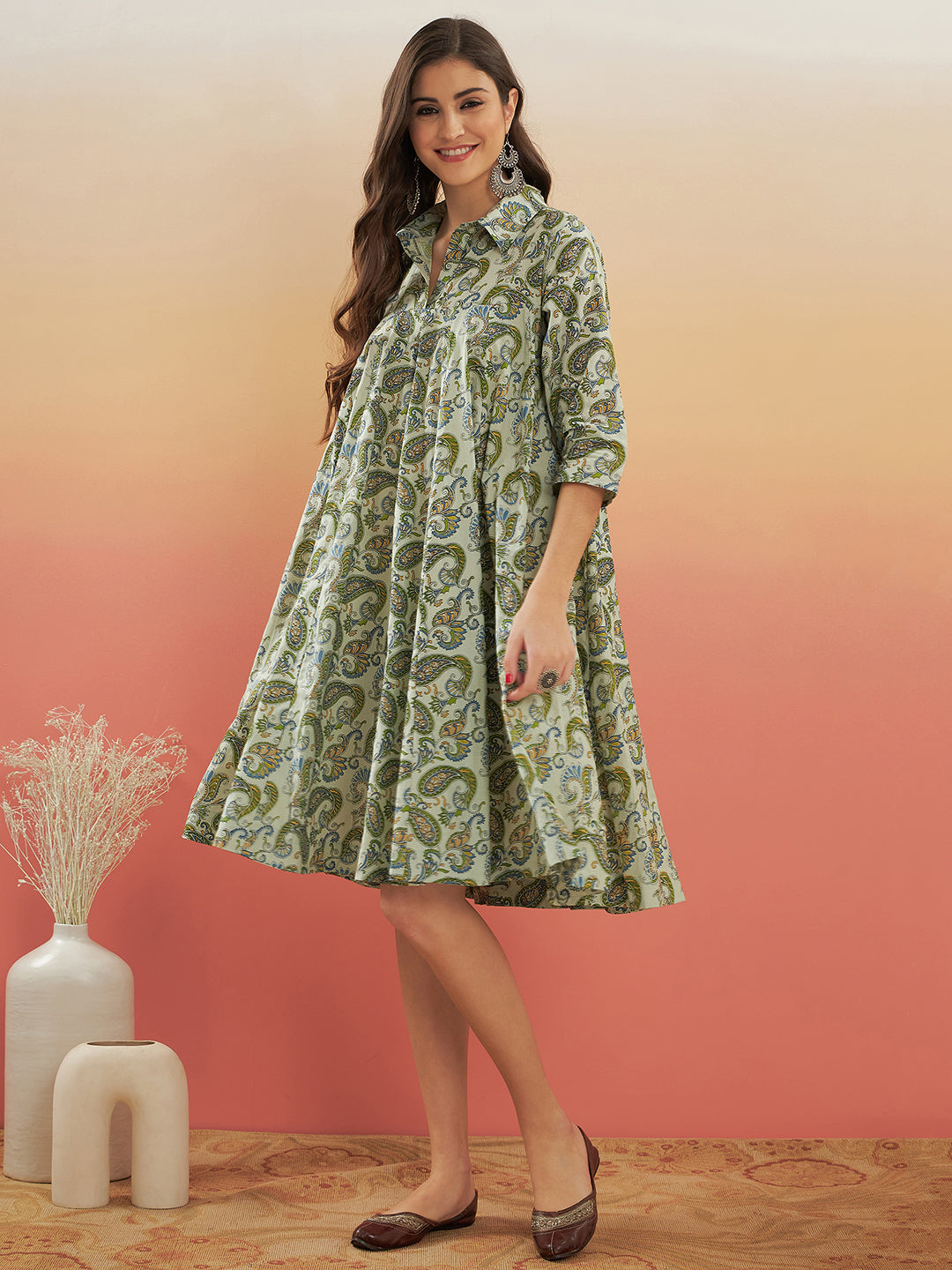 Women's Sage Green Paisley Print Flared Dress - InWeave