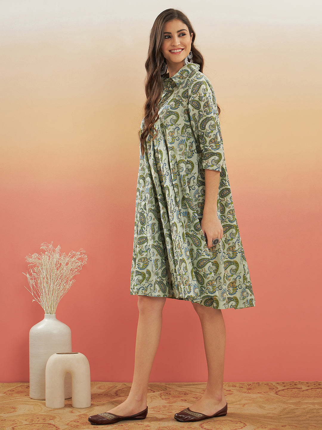 Women's Sage Green Paisley Print Flared Dress - InWeave