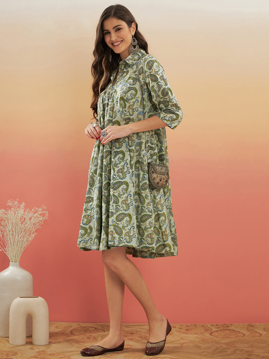 Women's Sage Green Paisley Print Flared Dress - InWeave