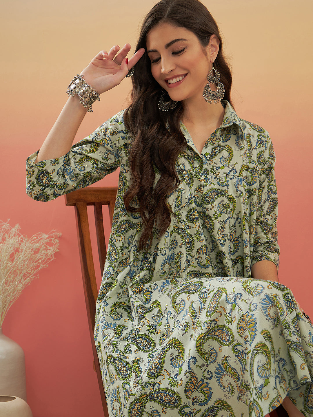 Women's Sage Green Paisley Print Flared Dress - InWeave