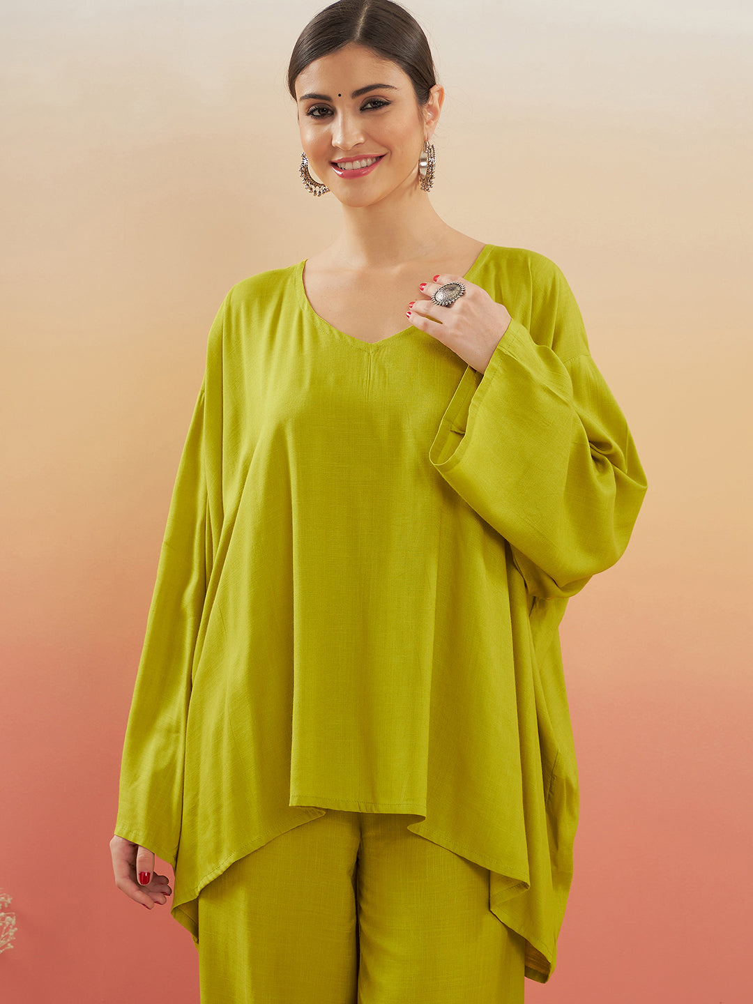 Women's Pear Green Solid Boho Full Sleeve Coord Set - InWeave